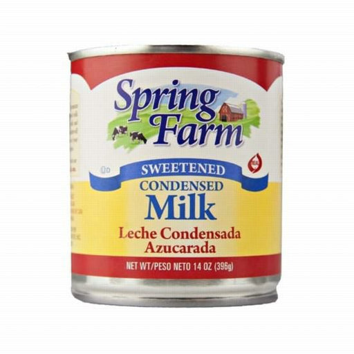 Can of Spring Farm Sweetened Condensed Milk 14 oz, featuring the brand's logo and an image depicting the creamy, thick texture of the milk, highlighting its ideal use in baking and sweetening beverages.