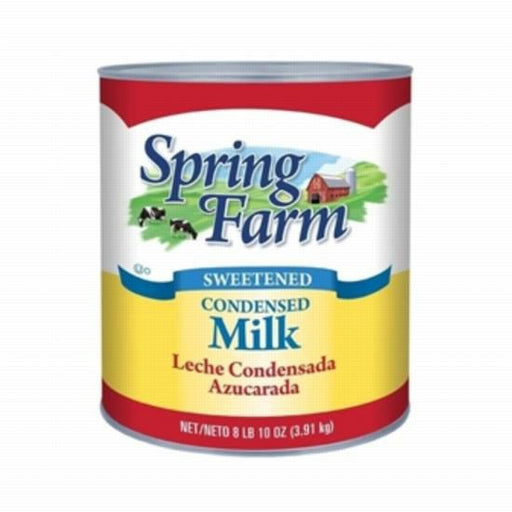 Can of Spring Farm Sweetened Condensed Milk #10 8lb 10oz, featuring the brand's logo and an image depicting the creamy, thick texture of the milk, highlighting its ideal use in baking and sweetening beverages.
