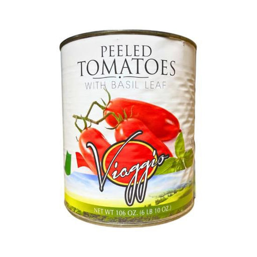 Large 6 lbs 10 oz can of Viaggio Brand Whole Peeled Tomatoes with Basil, ideal for authentic Italian cooking.