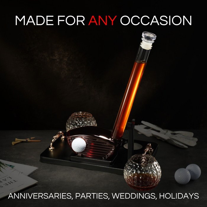 Golf Club Whiskey Decanter and 2 Liquor Glasses - 29 OZ Decanter & 15 OZ Glass Set - Golf Stick Gifts for Men, Unique Liquor Decanter Set - Bourbon, Scotch Decanter for Alcohol, Golfer Gifts for Dad