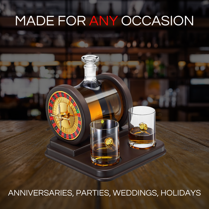 Casino Roulette Whiskey Decanter for Men, Husband, Him | 67.6 OZ Decanter With 2 x 10oz Dice Whiskey Glasses | Gold & Wood Gambling Slot Gift for Bourbon, Scotch, Liquor, Gifts For Dad, Guy, Christmas