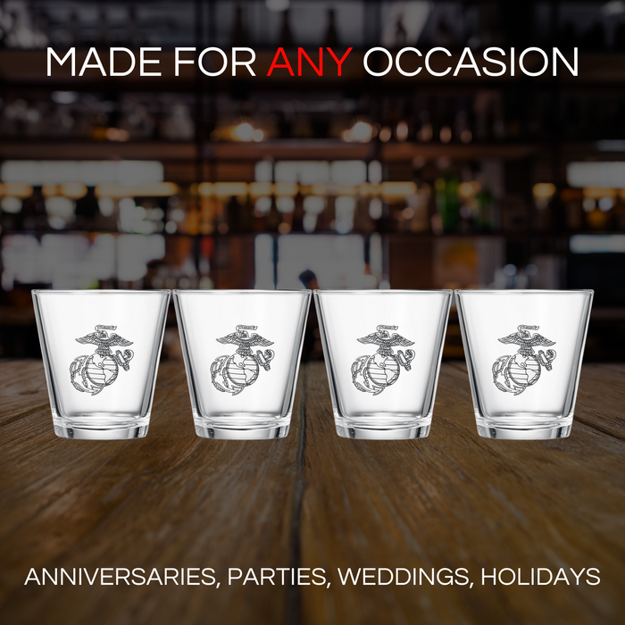 Marine USMC Whiskey & Wine Glasses Set of 4, Anchor and Globe Whiskey Glasses 10oz Marines Gift