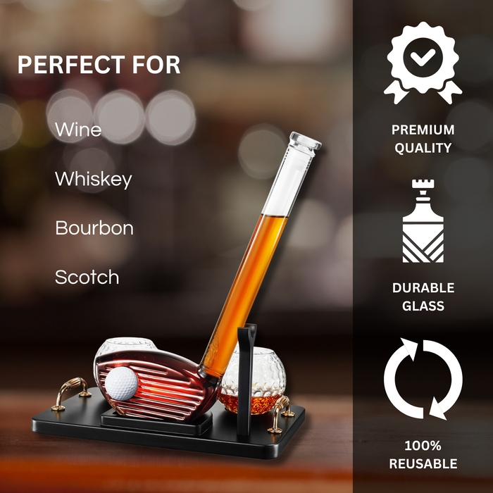 Golf Club Whiskey Decanter and 2 Liquor Glasses - 29 OZ Decanter & 15 OZ Glass Set - Golf Stick Gifts for Men, Unique Liquor Decanter Set - Bourbon, Scotch Decanter for Alcohol, Golfer Gifts for Dad