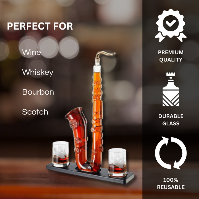 Saxophone Whiskey & Wine Decanter - 34 OZ Decanter Set with Two 10 Oz Whisky Glasses - Bourbon, Scotch, Liquor Gifts for Men, Dad, Father, Music Lover Gifts, Classical Instrument Room Home Decor