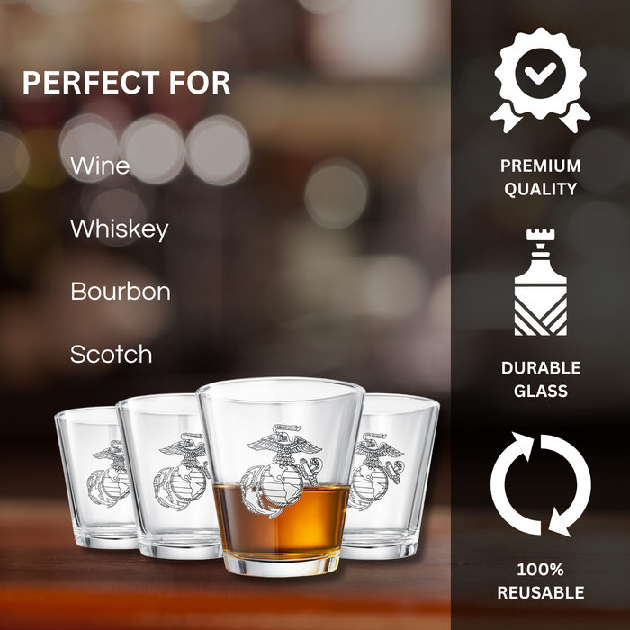 Marine USMC Whiskey & Wine Glasses Set of 4, Anchor and Globe Whiskey Glasses 10oz Marines Gift