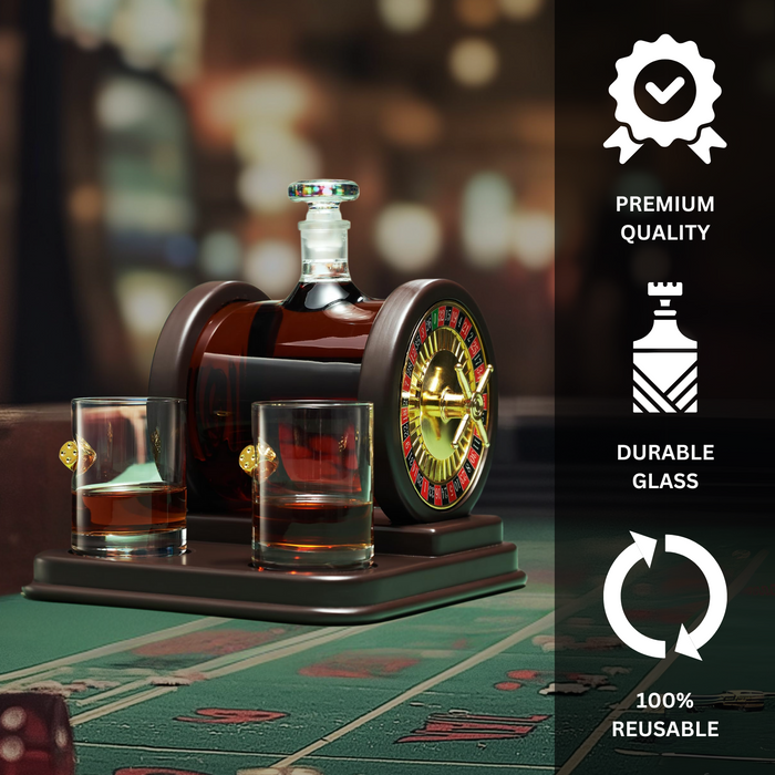 Casino Roulette Whiskey Decanter for Men, Husband, Him | 67.6 OZ Decanter With 2 x 10oz Dice Whiskey Glasses | Gold & Wood Gambling Slot Gift for Bourbon, Scotch, Liquor, Gifts For Dad, Guy, Christmas
