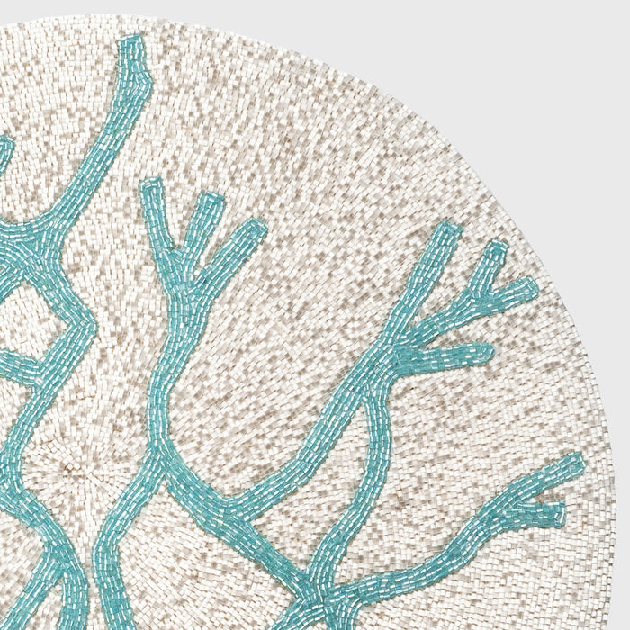 Delicate coral hand beaded placemat, turquoise