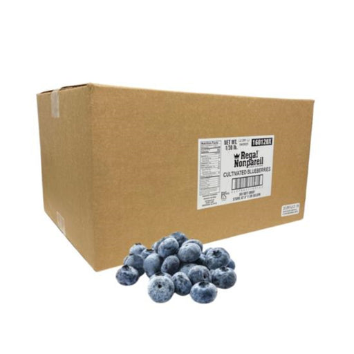 Bulk 30 lbs packaging of Cultivated IQF Blueberries, showcasing the high-quality, frozen berries ideal for culinary use.