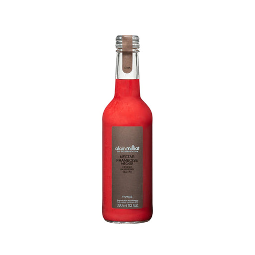 Bottle of Alain Milliat Raspberry Nectar, artisan-crafted premium fruit drink, 250ml, bursting with fresh raspberry flavor.