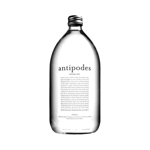 Antipodes Sparkling Water in 1L glass bottles, pack of 12, showcasing its pure and effervescent quality.