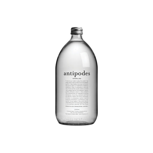 Pack of 24 Antipodes Sparkling Water 500ml in glass bottles, epitomizing premium and sustainable hydration.