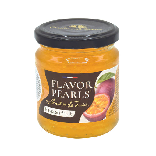 Jar of Christine Le Tennier Passion Fruit Flavor Pearls, perfect for adding exotic flavor bursts to dishes