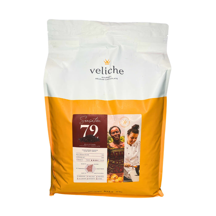 Veliche 72% Dark Chocolate Couverture - Premium Belgian chocolate in 2 x 10kg bags, ideal for baking and confectionery.