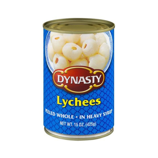 Can of Dynasty Brand Lychee in Heavy Syrup, displaying succulent lychees in syrup with the prominent Dynasty branding.