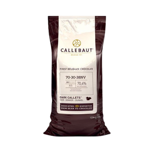 CALLEBAUT 70/30 Dark Chocolate Callets in a bowl, showcasing the premium quality and deep color of Belgian baking chocolate.
