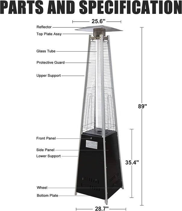 Patio Pyramid Standing 42000 BTU Propane Heater with Wheels, Stainless Steel Burner & Reflector, Silver