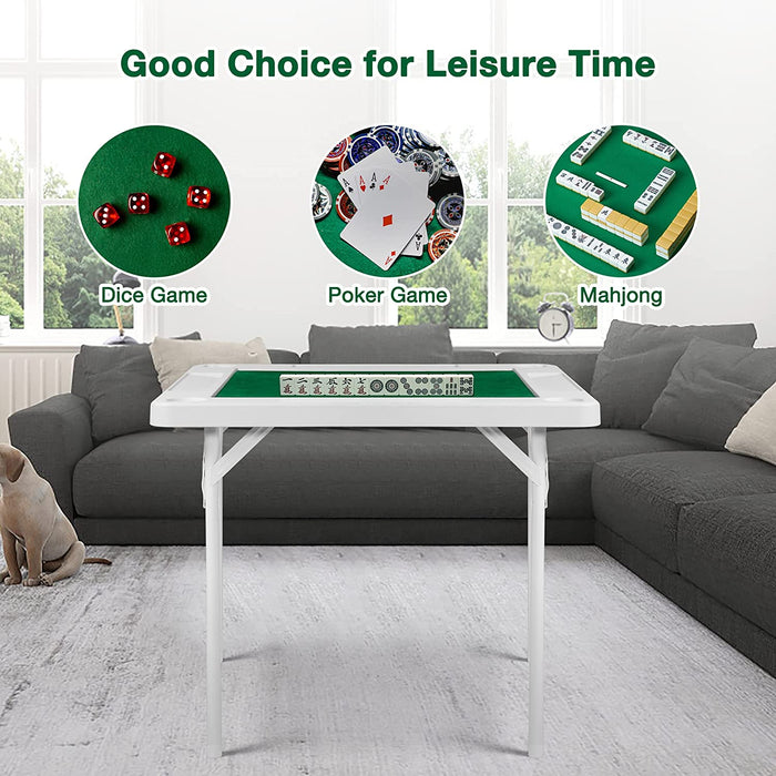 Folding Mahjong Table 35.4" Foldable Square 4 Player Card Poker Table with Cup Holders & Chip Trays for Playing Mahjong
