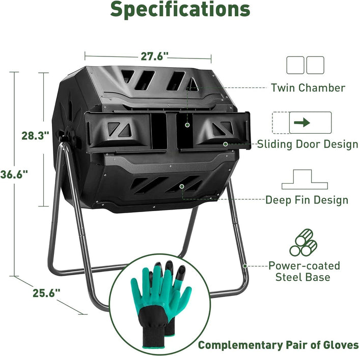 Dual Tumbling Composter 42 Gallon Tumbler Composting Bins Easy Turn System Rotating Barrel With Two Sliding Doors