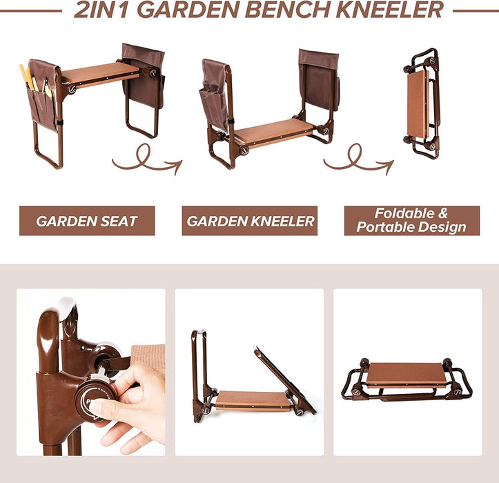 Garden Kneeler Seat Stool Garden Folding Bench with 2 Tool Pouches & EVA Foam Kneeling Pad, Brown