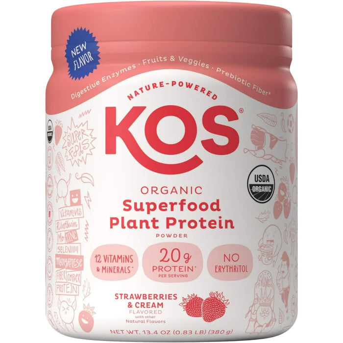 Kos - Organic Strawberry Cream Protein Powder, 13.4 oz - Gluten-Free Protein