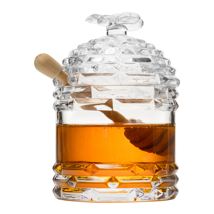 Crystal Bee Honey Dish Jar, Gift 6" - Glass Honey Pot with Dipper and Lid Cover for Home Kitchen Honey and Syrup, Gorgeous Bee Decor Beehive Honey Pot, Great for Jam, Honey, Jelly 14oz