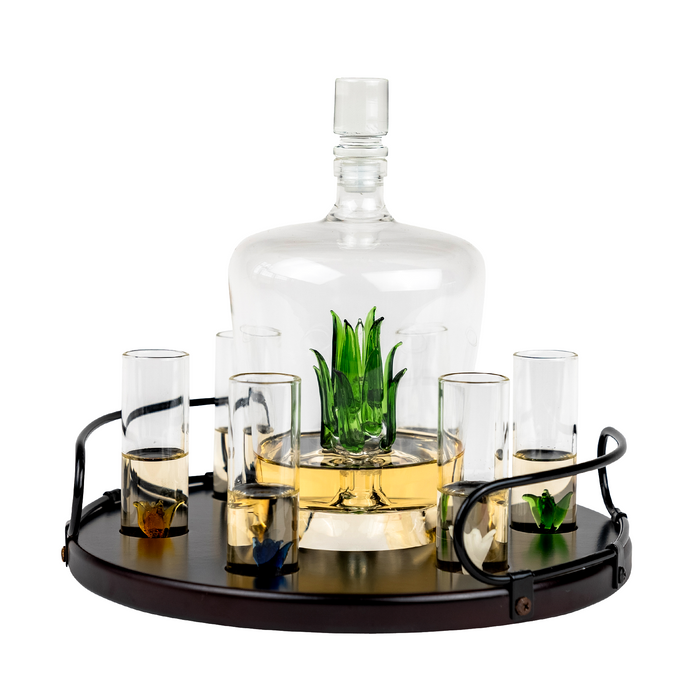 Tequila Decanter Tequila Glasses Set with Agave Decanter and 6 Agave Shot Glass With Stand, Perfect for Gifts for Tequila Lovers, 750mL Bottle, 3 OZ Shot Glass Party Decorations Cinco De Mayo (Agave)