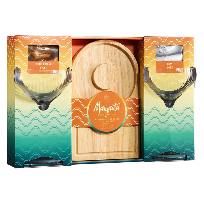Margarita Glass, Salt & Board Gift Set - Includes 2 Ribbed 12oz Stemmed Glasses, Chili & Regular Salt, Wooden Rimmer Board, Beautiful Gift Box - Gifts for Margarita Lovers, Cocktail Parties, Holiday