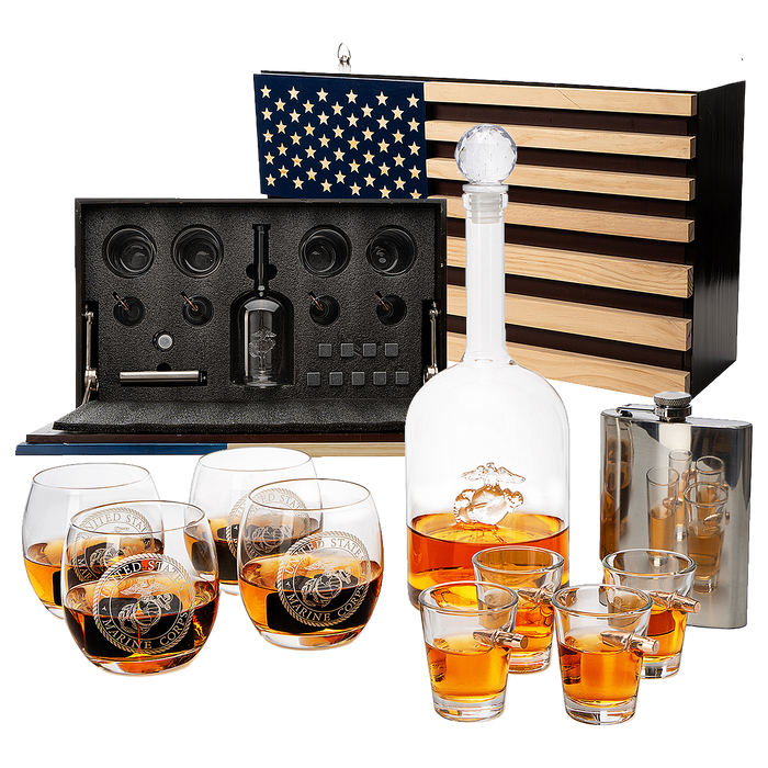Marine Big Box Wall Decor Murphy with Decanter, 4 whiskey glasses, 4 shot glasses, marine flask, marine gifts