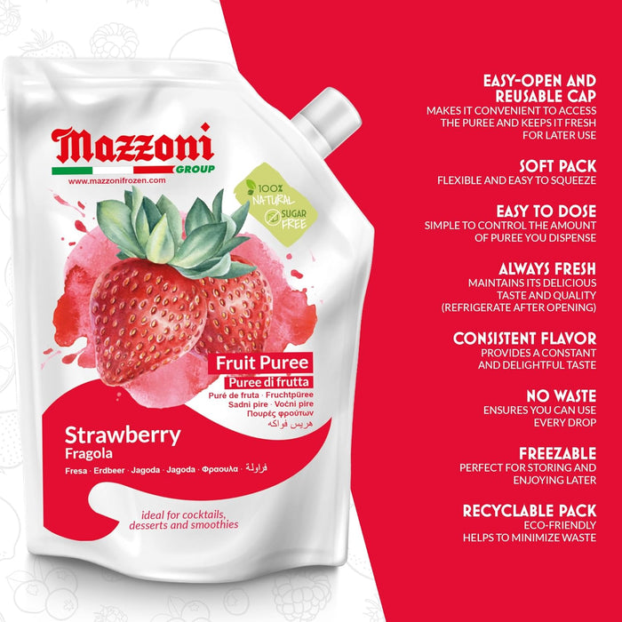 Mazzoni, Strawberry Puree, 100% Pure Strawberries, Just Fruit, No Sugar Added, pouch 2.2 lb