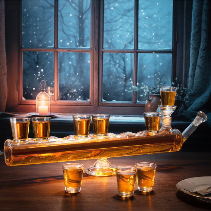 Menorah Decanter Set - Decanter & 8 Piece Shot Glass Set - 34 OZ Wine & Whiskey Glassware, Hannukkah Israel Decor, For All 8 Nights of Chanukah, Holiday Gift for Him, Her, Jewish Gifts