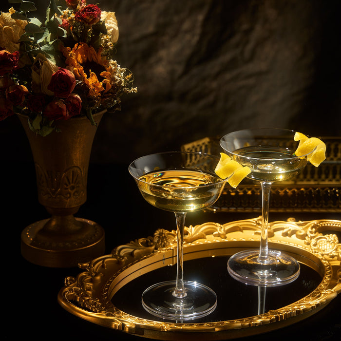 Vintage Crystal Coupe Glasses, Set of 2, Clear Radiance - Champagne, Martini, Cocktails - Hand Blown Classy Glass -Timeless Art Deco Design - Durable Sparkling Cocktail Barware, Home Bar (8 OZ)