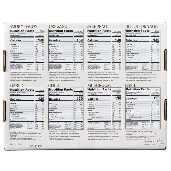 Olive Oil Gourmet Sampler Gift Set of 8 - Premium Extra-Virgin Olive Oil Made In Spain, Natural Flavors Include Mushroom, Chili, Garlic, Oregano, Blood Orange, Smoky Bacon, Jalapeno, Basil