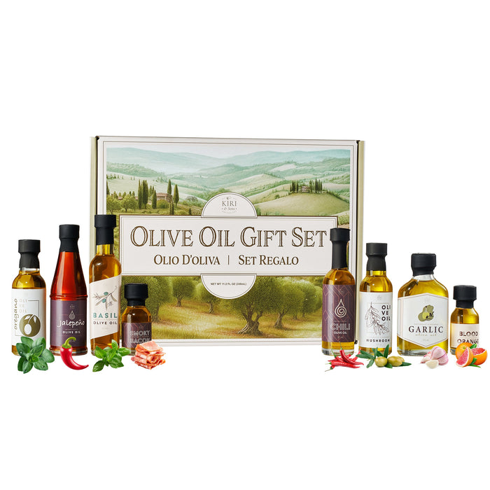 Olive Oil Gourmet Sampler Gift Set of 8 - Premium Extra-Virgin Olive Oil Made In Spain, Natural Flavors Include Mushroom, Chili, Garlic, Oregano, Blood Orange, Smoky Bacon, Jalapeno, Basil