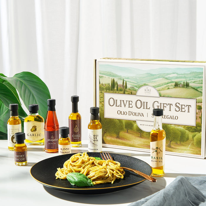 Olive Oil Gourmet Sampler Gift Set of 8 - Premium Extra-Virgin Olive Oil Made In Spain, Natural Flavors Include Mushroom, Chili, Garlic, Oregano, Blood Orange, Smoky Bacon, Jalapeno, Basil