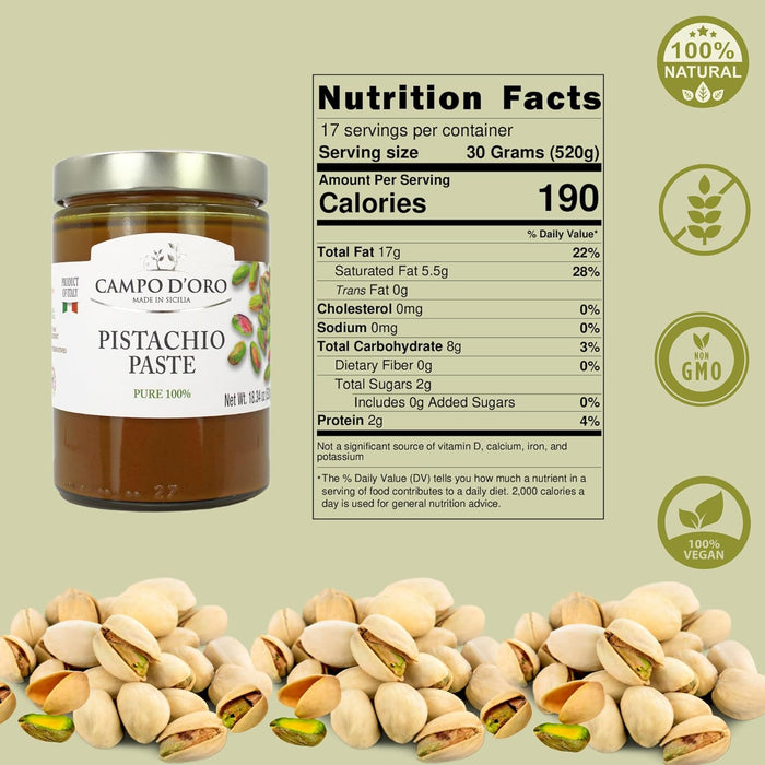 Campo D'Oro, Pure Pistachio Paste, 100% Pistachio, 18.34 oz