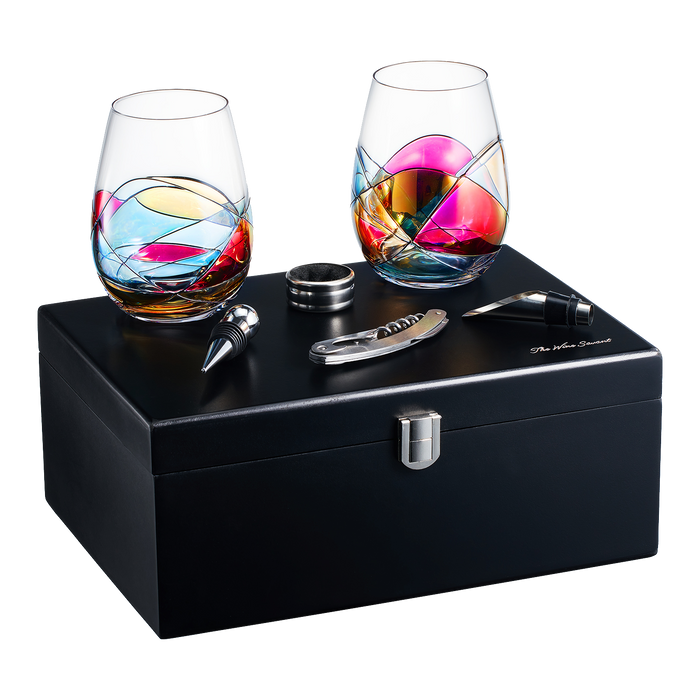 Painted STEMMLESS Wine Glass Box Set - Opener, Stopper, drip Ring, Wine Pourer - 2 Glasses