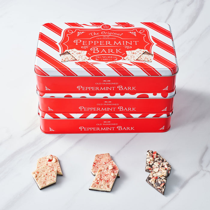 Handmade 3 Set Layered Original, Dark Chocolate & Salted Caramel Dark & White Chocolate Peppermint Bark - 3Lb Holiday Squares, Christmas & Winter Candy Sweets Gift Tin, Old Fashioned Treat