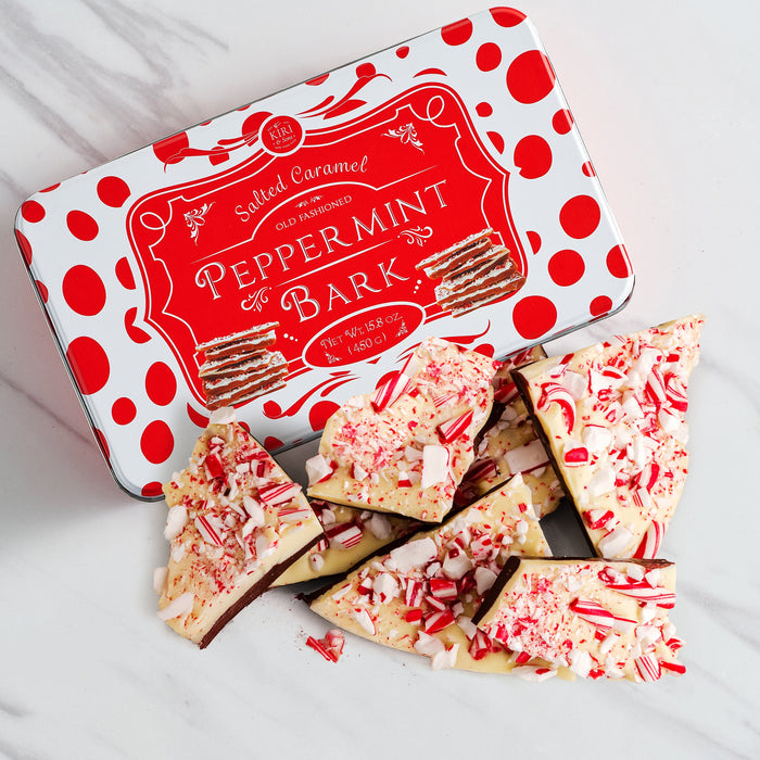 Handmade Layered Salted Caramel Dark & White Chocolate Peppermint Bark - 1Lb Holiday Bark Squares - Christmas & Winter Candy, Sweets Gift Tin, Old Fashioned Treat, Stocking Stuffer