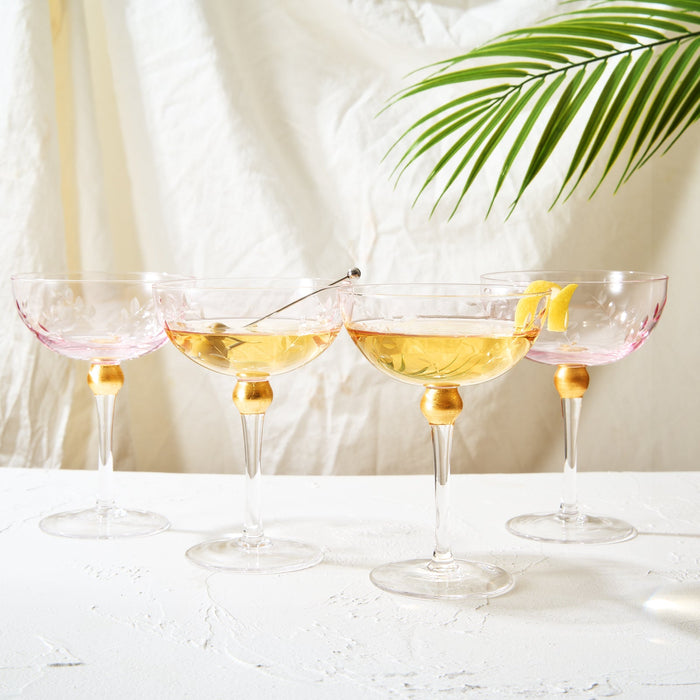 Colored Coupe Art Deco Glasses, Gold | Set of 4 | 8 oz (Pink)