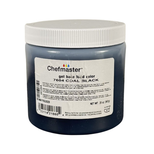 Jar of Chefmaster gel food color in coal black on a white background