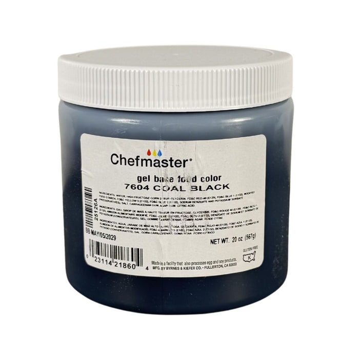 Jar of Chefmaster gel food color in coal black on a white background