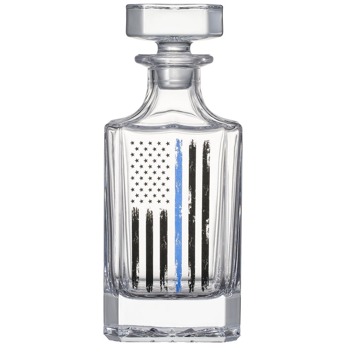 Police Tactical Blue Tattered American Flag Whiskey | 730mL Decanter 2 Whiskey Glass