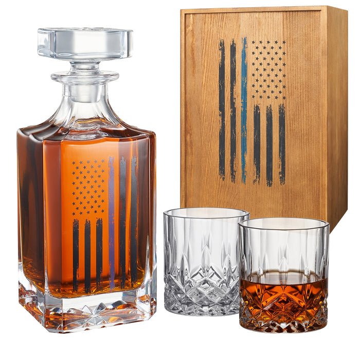 Police Tactical Blue Tattered American Flag Whiskey | 730mL Decanter 2 Whiskey Glass