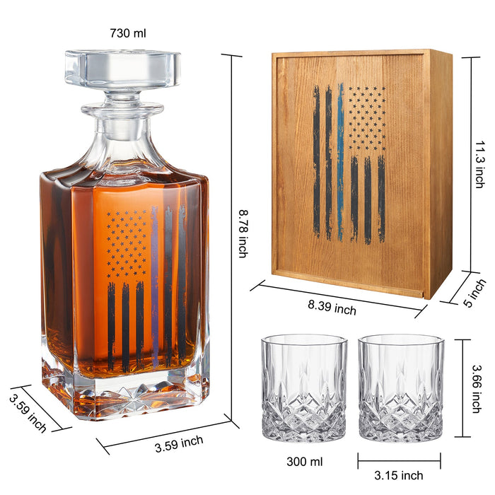 Police Tactical Blue Tattered American Flag Whiskey | 730mL Decanter 2 Whiskey Glass