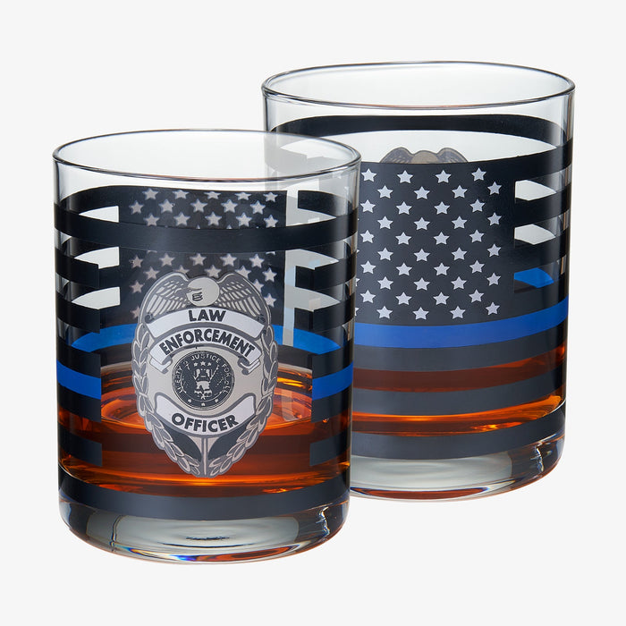 Police Whiskey Glasses | Set of 2 | 12 OZ Old Fashioned Liquor Glasses, American Flag Blue Line Fire Fighter Glass - Show Support For Police Lives Matter, Policemen Gifts for Him, Dad, Boyfriend