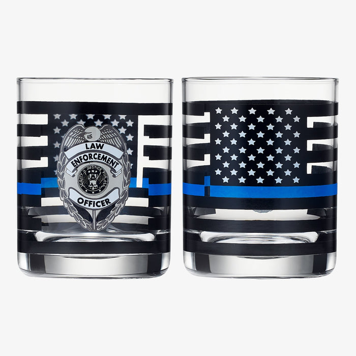 Police Whiskey Glasses | Set of 2 | 12 OZ Old Fashioned Liquor Glasses, American Flag Blue Line Fire Fighter Glass - Show Support For Police Lives Matter, Policemen Gifts for Him, Dad, Boyfriend
