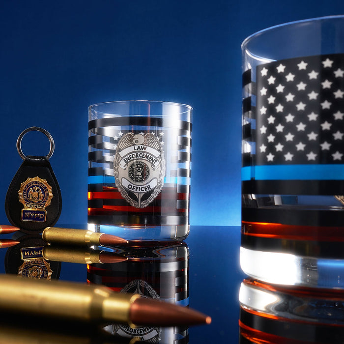 Police Whiskey Glasses | Set of 2 | 12 OZ Old Fashioned Liquor Glasses, American Flag Blue Line Fire Fighter Glass - Show Support For Police Lives Matter, Policemen Gifts for Him, Dad, Boyfriend