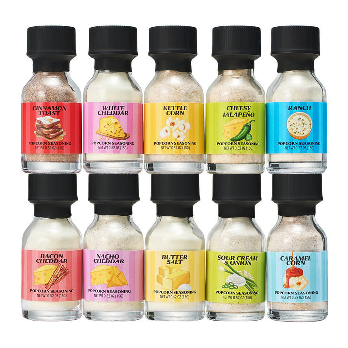Gourmet Popcorn Seasoning Sampler Kit, 10 Flavor Variety Pack - Including Kettle Corn, Garlic Parmesan, Bacon Cheddar, Caramel, Butter, White Cheddar, Ranch, Spicy Jalapeño, Movie Night
