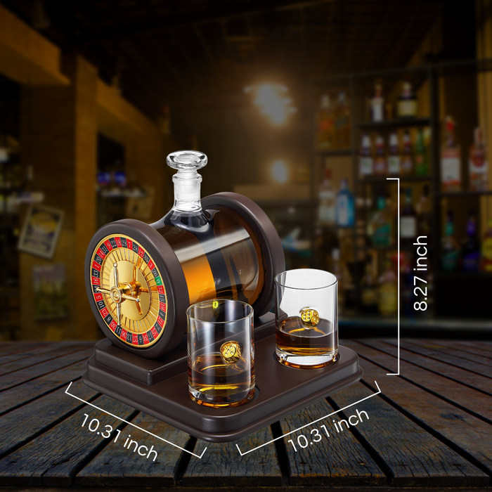 Casino Roulette Whiskey Decanter for Men, Husband, Him | 67.6 OZ Decanter With 2 x 10oz Dice Whiskey Glasses | Gold & Wood Gambling Slot Gift for Bourbon, Scotch, Liquor, Gifts For Dad, Guy, Christmas