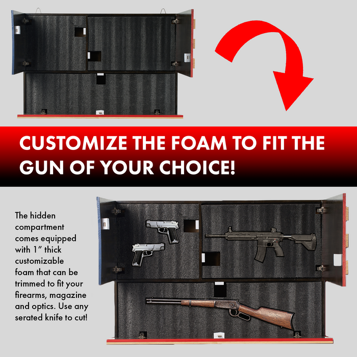 Tactical Rustic Hidden American Flag Gun Storage with Trap Door, Wall Storage | 35" x 22.5" | Firearm, Magazine and Knives Storage Easy Installation | Secure & Safe Compartment